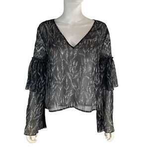 Zara Basic Z1975 Denim Black Floral Blouse Top Women's M